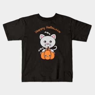 Happy Halloween Cute Cat, Kawaii black cat with pumpkin Kids T-Shirt